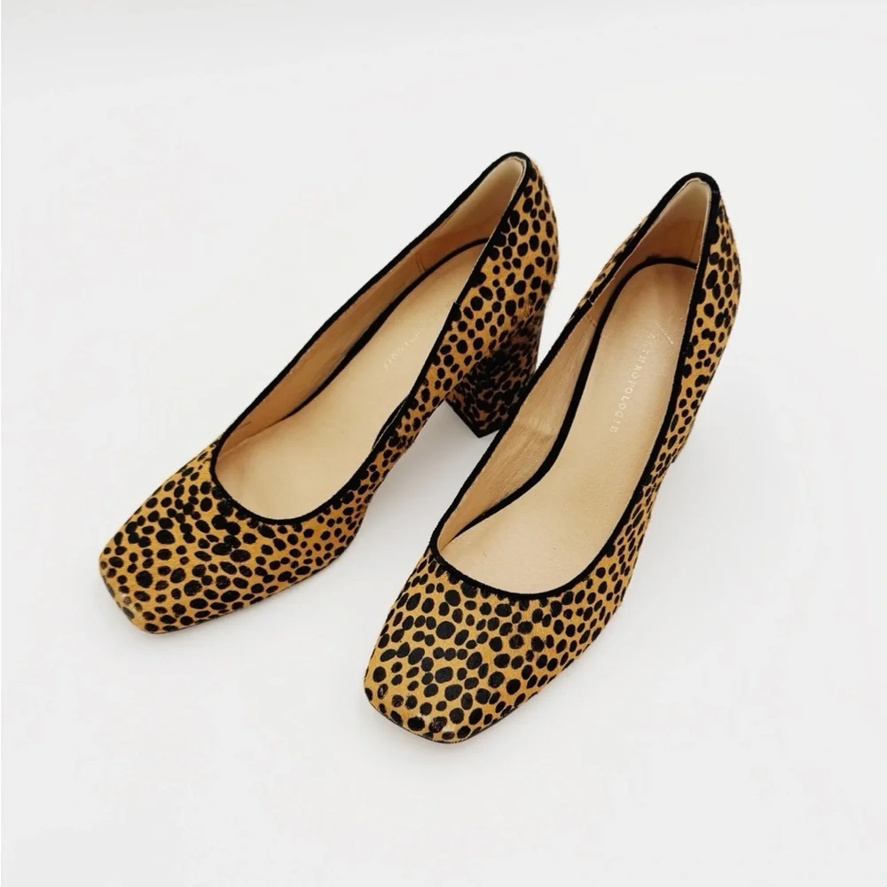 Anthropologie Leopard Print Block Heel Pumps in Tan and Black